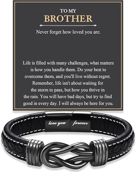 Love You Forever Leather Bracelet Gifts for Men Him Teen Boys, To My Brother Son Grandson Nephew Friend Dad Husband Christmas Birthday Valentines Fathers Day Graduation Back to School Gifts