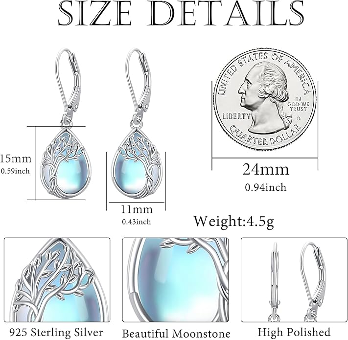 Tree of life Dangle Earrings Sterling Silver Moonstone/Turquoise/Malachite Earrings for Women Filigree Leverback Earrings Jewelry Gifts