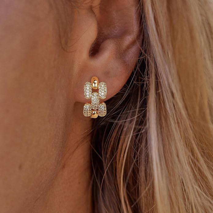 Gold Huggie Hoop Earrings 14K Gold Plated Dainty Chunky Thick Hoop Diamond Cubic Zriconia Inlay Sleeper Tiny Delicate Boho Beach Simple Hypoallergenic Jewelry Gift for Her