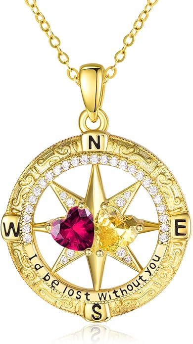 Zeuslia Double Birthstone Necklace Gifts for Wife - 925 Sterling Silver Sunflower/Rose/Crown Cross/Compass/Heart Pendant I Love You Necklace, Anniversary Birthday Gifts for Wife Girlfriend Mom Her