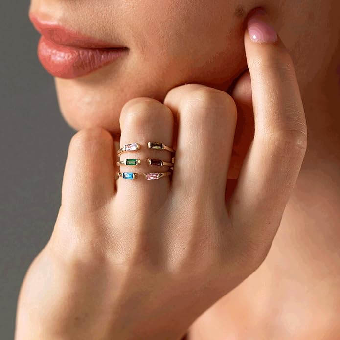 JSJOY Birthstone Rings for Women Dainty Emerald Blue Ring Birthday Gifts for Mom Her Gemstones CZ Ring for Teens Gold Rings That Don't Tarnish Adjustable Ring Jewelry Gifts