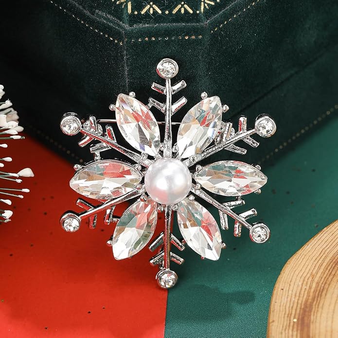 Crystal Snowflake Brooch for Women - Rhinestone Winter Pin with Pearl - Elegant Christmas Accessory for Clothing, Hat, Bag, Skirt - Birthday Party Costume Jewelry