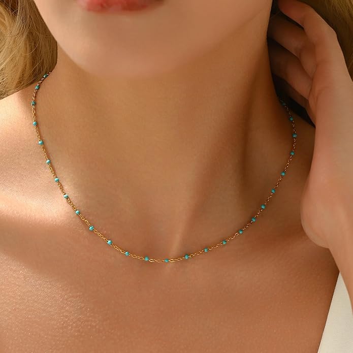 Gold Chain Necklace for Women Dainty 18K Gold Plated Thin Satellite Beaded Turquoise Necklace Simple Gold Boho Jewelry
