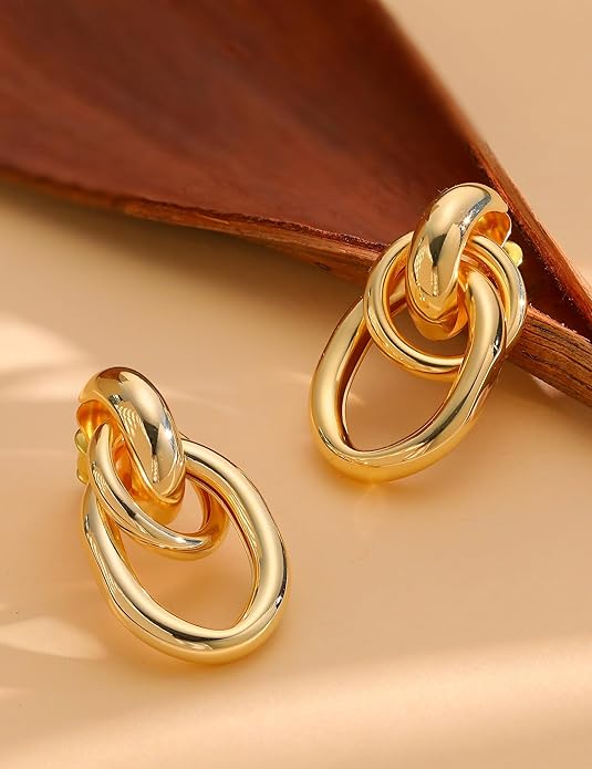 14K Gold Plated Knot Statement Earrings for Women Hypoallergenic Chunky Drop Dangle Earrings - Lightweight Fashion Accessories Gold Jewelry Gifts for Womens Trendy