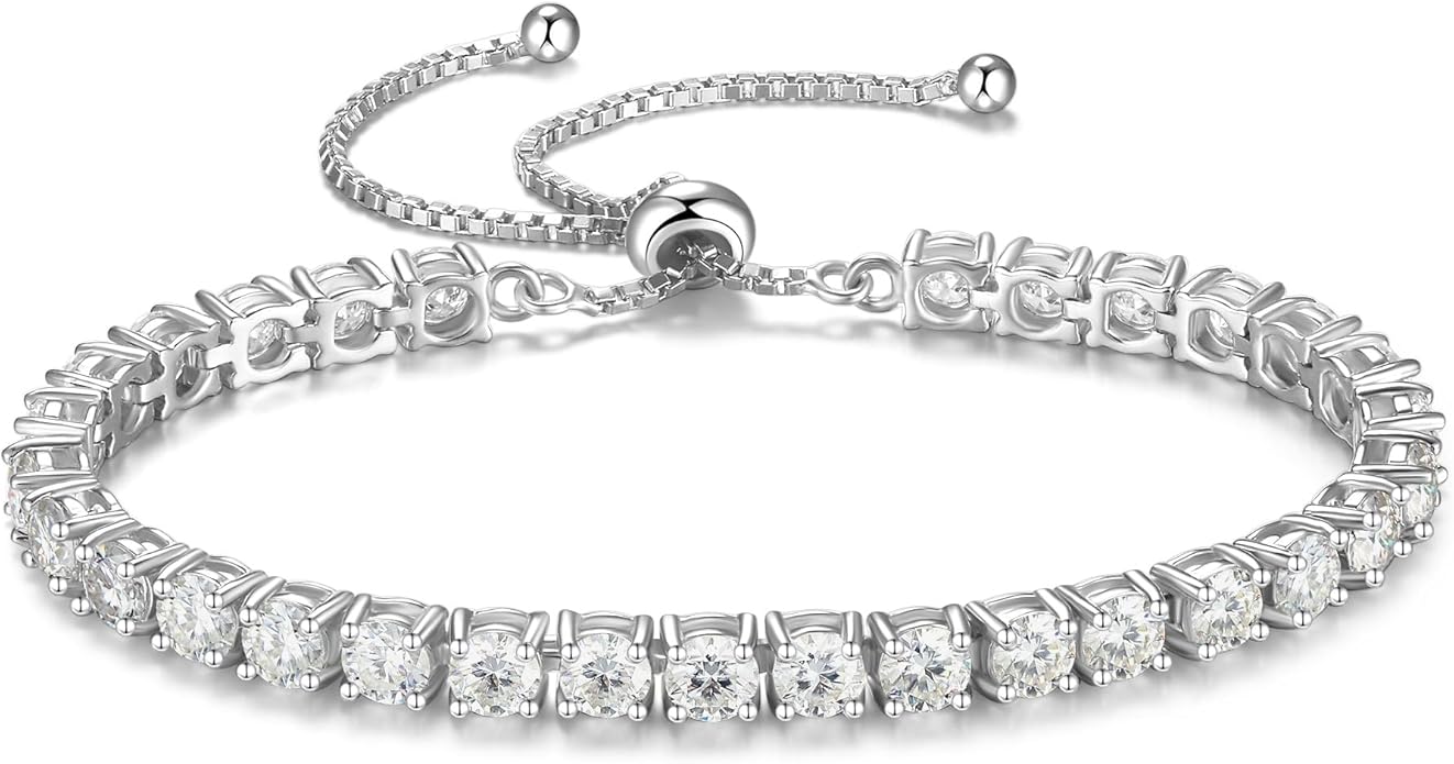1.2-12 CTTW Moissanite Tennis Bracelet for Women, Adjustable 2-5mm D Color VVS1 Round Cut Moissanite Bolo Bracelet, 18K Gold Plated 925 Sterling Silver Simulated Diamond Bracelet Gifts for Women Her