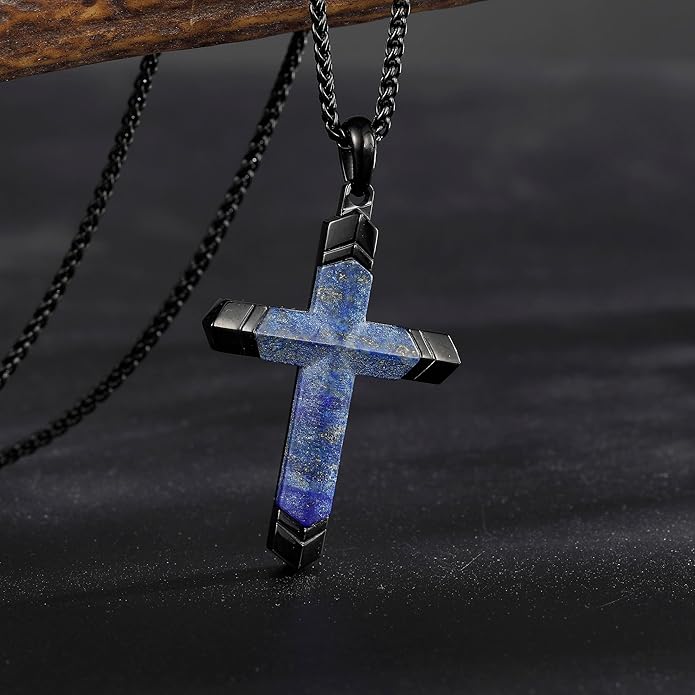 GTMJ Cross Necklace for Men -Stainless Steel & Gemstone Adjustable Box Chain 24-26in, Spiritual Jewelry Gift for Him, Everyday Wear
