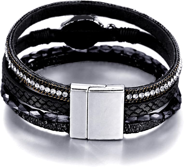 Fesciory Leopard Bracelet for Women, Boho Leather Wrap Multi-Layer Pearl Crystal Bracelet Bangle Jewelry