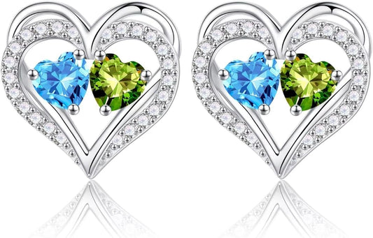 Iefil Birthstone Earrings for Women - 925 Sterling Silver Heart Earrings Anniversary Birthday Gifts for Women Wife Girlfriend Mom