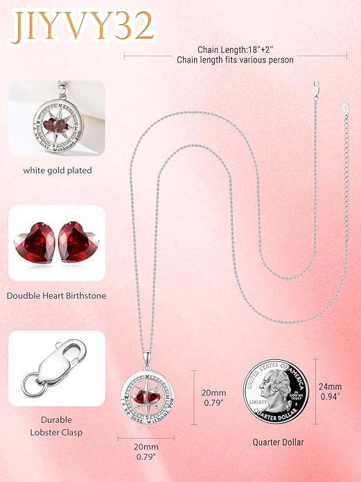Compass Birthstones Necklace for Women, Exquisite Anniversary Birthday Gifts for Wife Her Double Birthstone Pendant jewelry ‘I'd be Lost Without You’