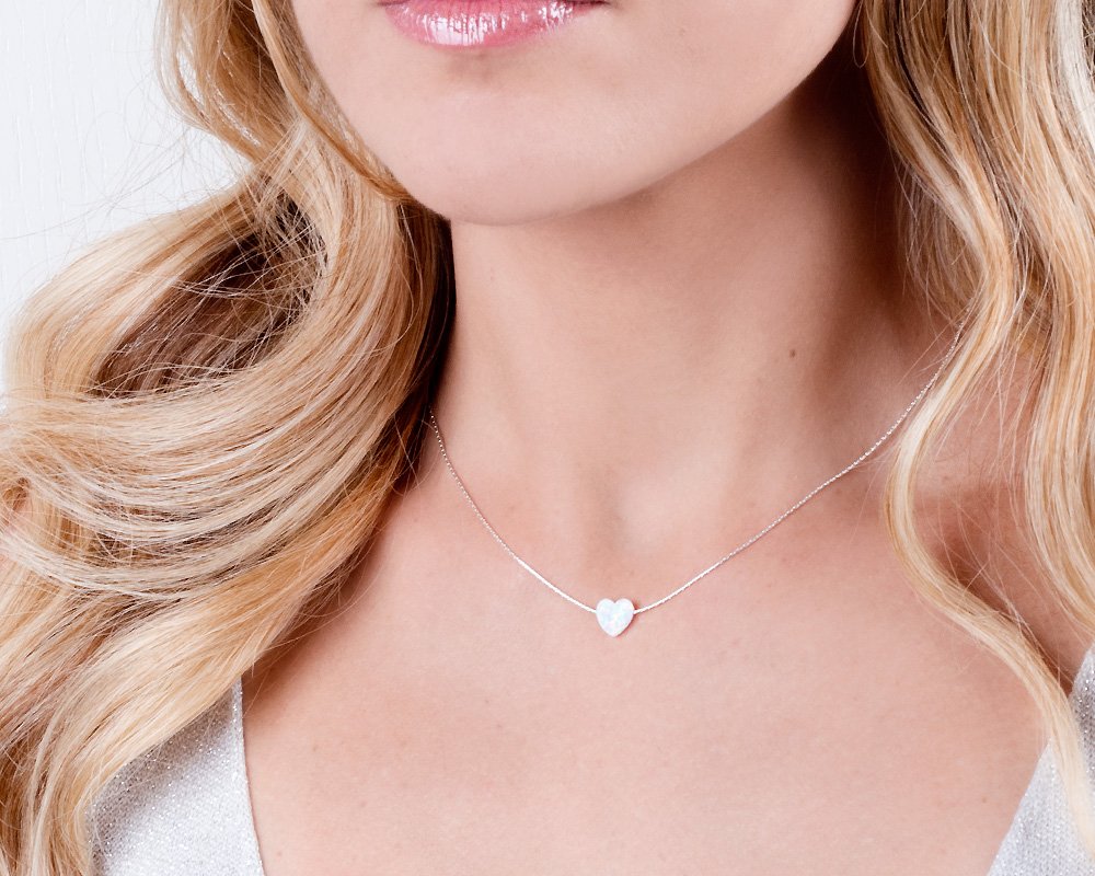 White Opal Heart On Sterling Silver 925 Choker Necklace - Designer Handmade Minimal Necklace for Women - Length: 13.5 inch + 3 inch Extender (sterling silver, white)