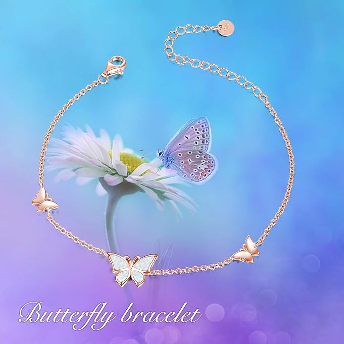 WINNICACA Sterling Silver Butterfly Bracelet Anklet Created Opal Butterfly Jewelry Gifts for Women Birthday Christmas Day Gifts