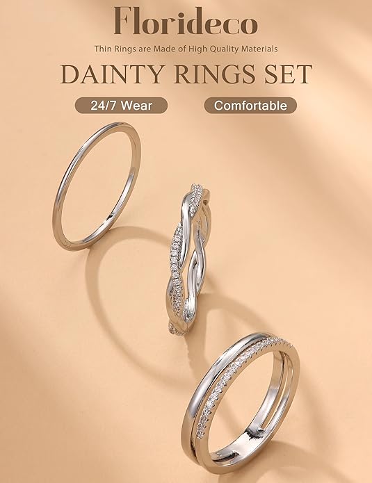Florideco 14K Gold Plated Stackable Rings for Women Non Tarnish Dainty Cubic Zirconia Ring Set Minimalist Wedding Bands Ring Stack Statement Engagement Promise Thumb Rings Size 5-10