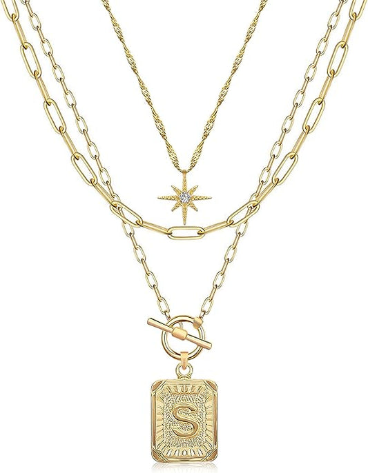 MJartoria Layered Initial Necklaces for Women Trendy, 14K Gold Plated Brass Simple Star Choker Square Letter Pendant Necklace, Paperclip Chain Necklaces Jewelry Gifts