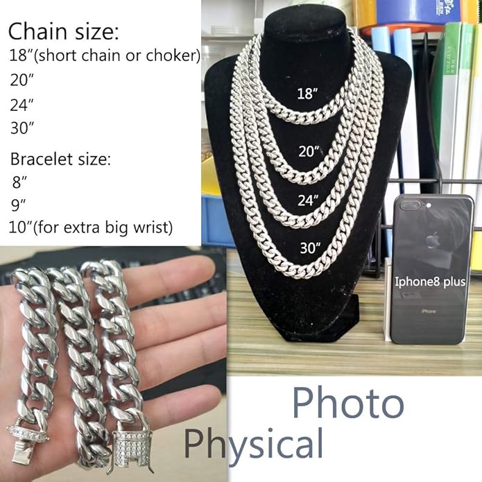 Jxlepe Mens Miami Cuban Link Chain White 15mm Stainless Steel Curb Necklace with cz Diamond Chain Choker