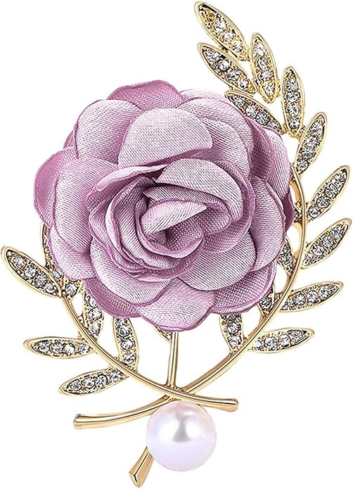 Dreuyet Rose Flower Brooch for Women Dainty Elegant Satin Fabric Flower Lapel Pins Vintage Pearl Camellia Crystal Pin Dress Suit Accessories Valentine's Day Wedding Bouquet Jewelry ﻿