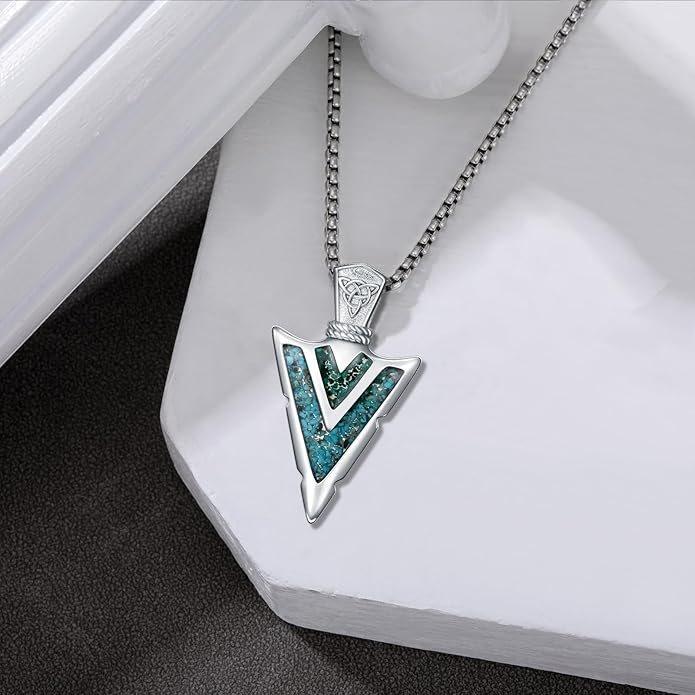 Suiknsn Arrowhead Necklace for Men Women 925 Sterling Silver Turquoise Malachite Celtic/Eye of Horus/Viking Arrow Pendant Amulet Jewelry Gifts Native American Necklace
