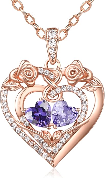 JIYVY32 Rose Heart Necklace for Women Exquisite 925 Sterling Silver Anniversary Birthday Gifts for Wife Mom Her Double Birthstone Pendant Jewelry
