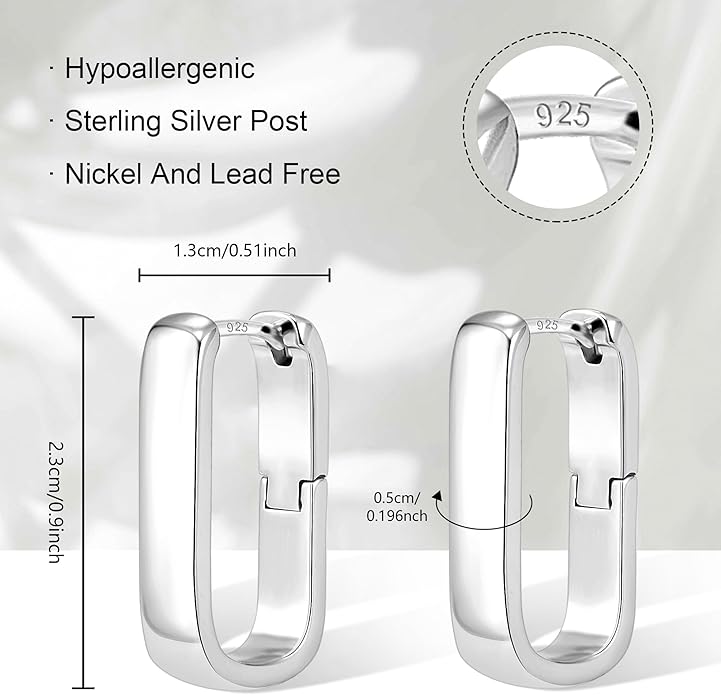 925 Sterling Silver Hoop Earrings for Women Small Square Hypoallergenic 14K Gold Plated Hoop Earrings Geometric Minimalist Rectangle Hoops
