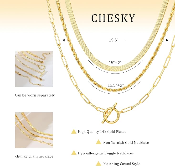 CHESKY 14K Gold Plated Layered Herringbone Necklaces for Women, Trendy Paperclip Snake Chain Necklace Cuban Link Simple Chunky Toggle Clasp Necklace Set Fashion Jewelry