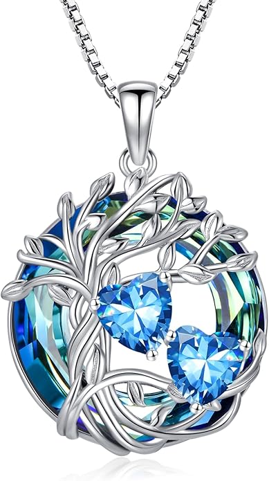 TOUPOP s925 Sterling Silver Family Celtic Tree of Life Pendant Necklaces with 2 Heart Birthstone with Blue Austrian Crystal Jewelry Birthday Anniversary Christmas Gifts for Her Wife Girlfriend Mom (18K Real White Gold Filled)