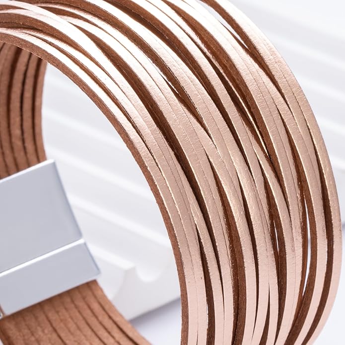 FANCY SHINY Boho Leather Wrap Bracelet Stackable Layered Bangle Cuff with Magnetic Clasp