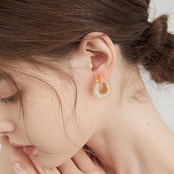 Gold Huggie Hoop Earrings 14K Gold Plated Dainty Chunky Thick Hoop Diamond Cubic Zriconia Inlay Sleeper Tiny Delicate Boho Beach Simple Hypoallergenic Jewelry Gift for Her