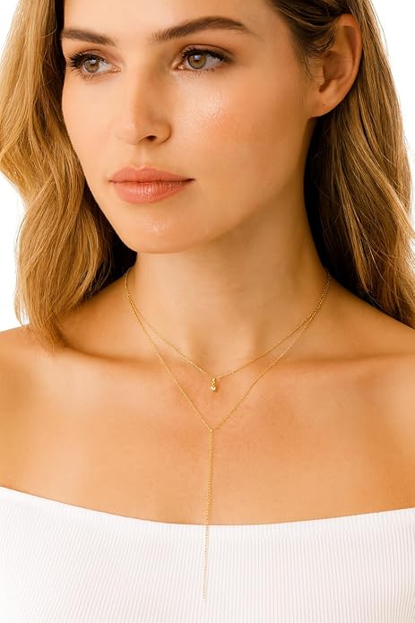 14K Gold Plated Y Necklace for Women – Dainty Lariat Long Pendant Chain, Layered Drop Necklace for V Neck Dress, Simple Sexy Cleavage Jewelry Gifts for Women