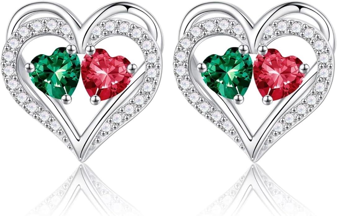 Iefil Birthstone Earrings for Women - 925 Sterling Silver Heart Earrings Anniversary Birthday Gifts for Women Wife Girlfriend Mom
