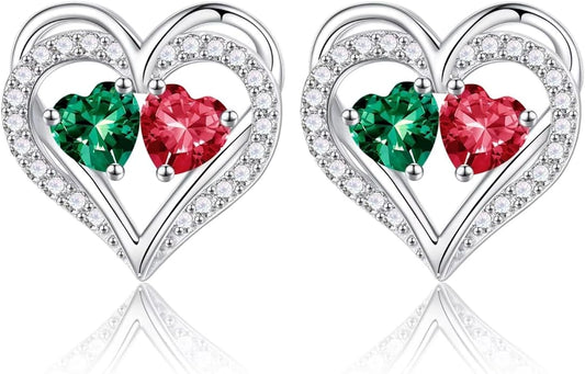 Iefil Birthstone Earrings for Women - 925 Sterling Silver Heart Earrings Anniversary Birthday Gifts for Women Wife Girlfriend Mom