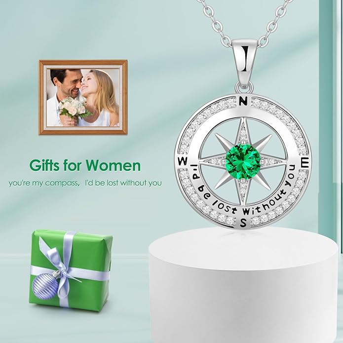 Zifeel Compass Necklace Gifts for Women wife - S925 Sterling Silver Birthstone Necklaces for Women - Anniversary Birthday Gifts for Her Wife Girlfriend - Valentines Mom Mothers Day Christmas Gifts Jewelry for Women