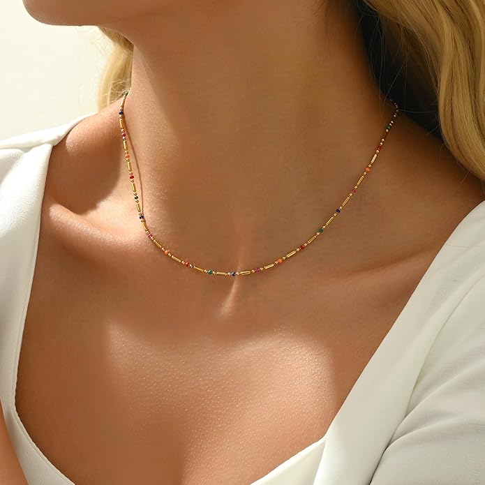 Gold Chain Necklace for Women Dainty 18K Gold Plated Thin Satellite Beaded Turquoise Necklace Simple Gold Boho Jewelry