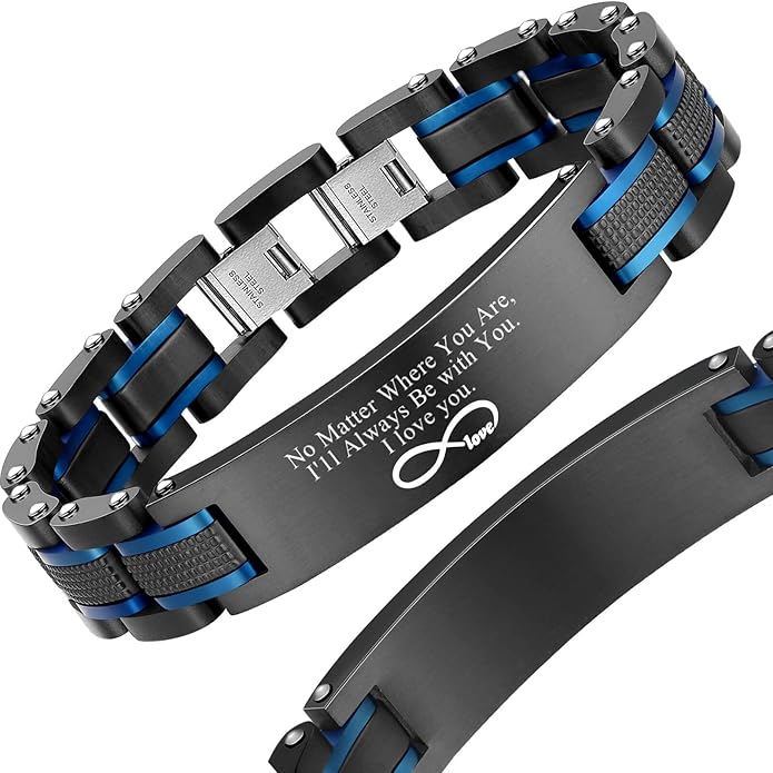 Holizaly Men's Stainless Steel Two Tone Square Link Bracelet, Black and Blue Ion Plated Black