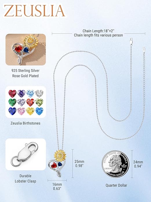 Zeuslia Double Birthstone Necklace Gifts for Wife - 925 Sterling Silver Sunflower/Rose/Crown Cross/Compass/Heart Pendant I Love You Necklace, Anniversary Birthday Gifts for Wife Girlfriend Mom Her