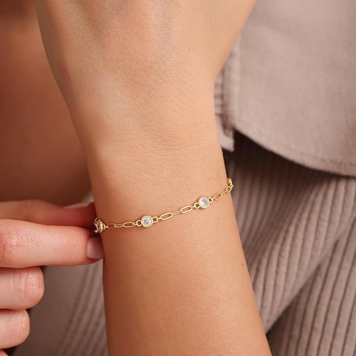 Gold Bracelets for Women,14K Dainty Gold Plated Bracelets Non Tarnish Waterproof Diamond Bracelets Heart Flower Round Square CZ Charm Bracelet Trendy Stuff Jewelry Gifts for Her