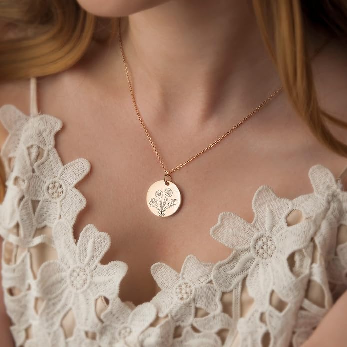 Anavia -Build Your Own Bouquet- Birthmonth Flowers Necklace, Personalized Engraved Floral Coin Necklace, Customized Birthday Gifts Love Jewelry for Her Mom Sisters Family