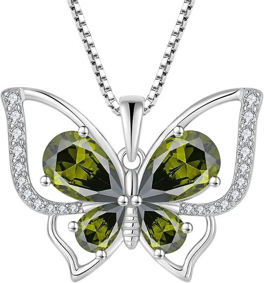 YL Women's Butterfly Necklace 925 Sterling Silver Flower Rose Pendant Birthstone Halo Jewelry