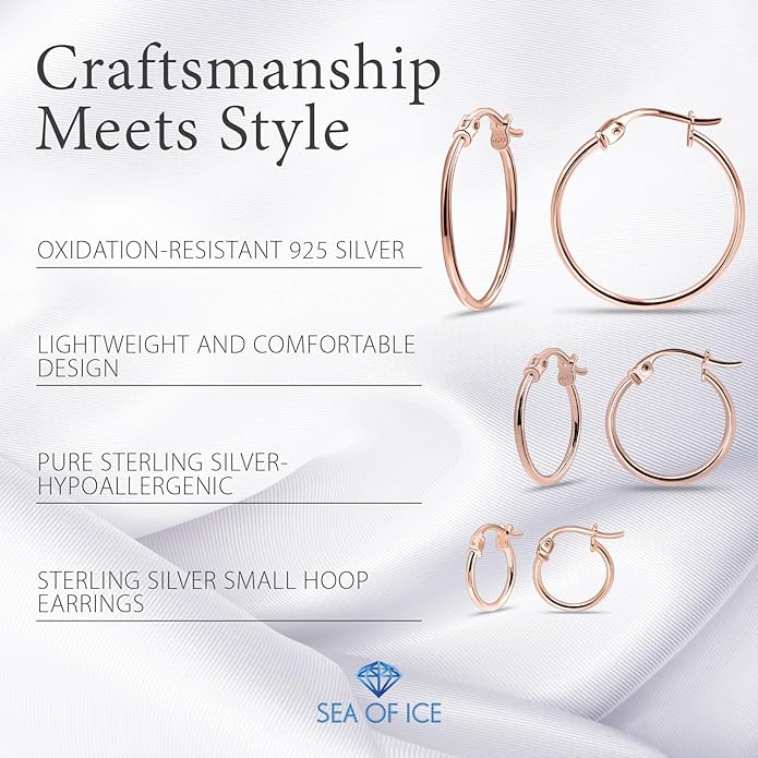 SEA OF ICE 925 Sterling Silver Hoop Earrings for Women - Hypoallergenic Earrings for Women in Sterling Silver, Yellow Gold, Rose Gold or Black Rhodium | Sizes 12MM, 15MM, 20MM or Multipack
