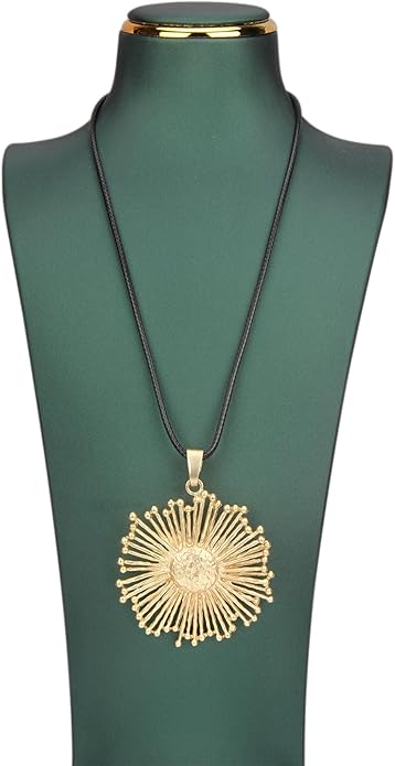 Long Boho Necklaces for Women Vintage Leather Wooden Pendant Y Choker Ethnic Style Gold Circle Hippie Sweater Necklace