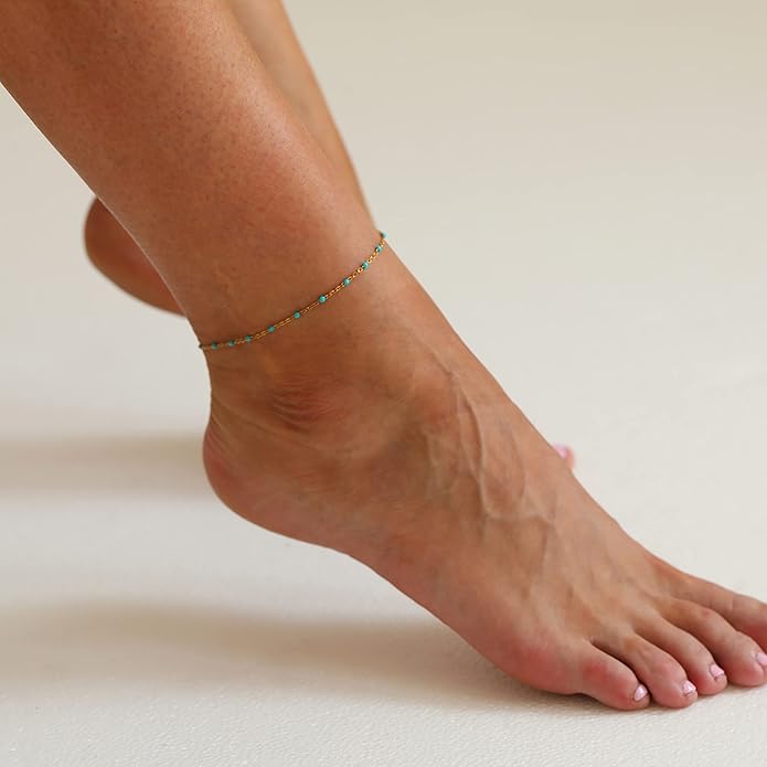 Dainty Ankle Bracelets for Women 18K Gold Plated Satellite Beaded Herringbone Chain Anklets Simple Lip Chain Anklet Minimalist Summer Beach Foot Jewelry Christmas