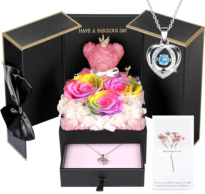 ADDWel Preserved Rose Gifts for Her, Forever Real Rainbow Flowers with Sterling Silver Necklace for Wife Girlfriend Mom on Birthday Anniversary