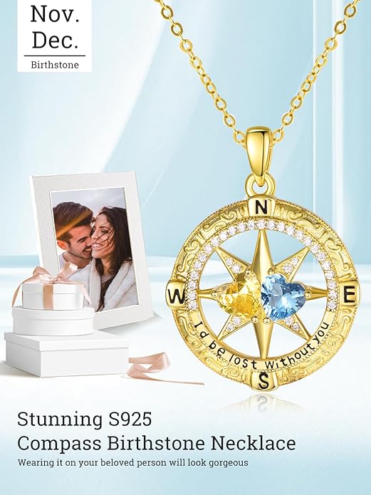 Zeuslia Double Birthstone Necklace Gifts for Wife - 925 Sterling Silver Sunflower/Rose/Crown Cross/Compass/Heart Pendant I Love You Necklace, Anniversary Birthday Gifts for Wife Girlfriend Mom Her