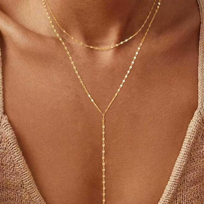 Lariat Necklace for Women, Dainty Long Necklaces, 14k Gold/Silver Plated Y-Shaped Drop Chain Necklace, Simple Layered Necklaces, Trendy Jewelry Gifts for Her
