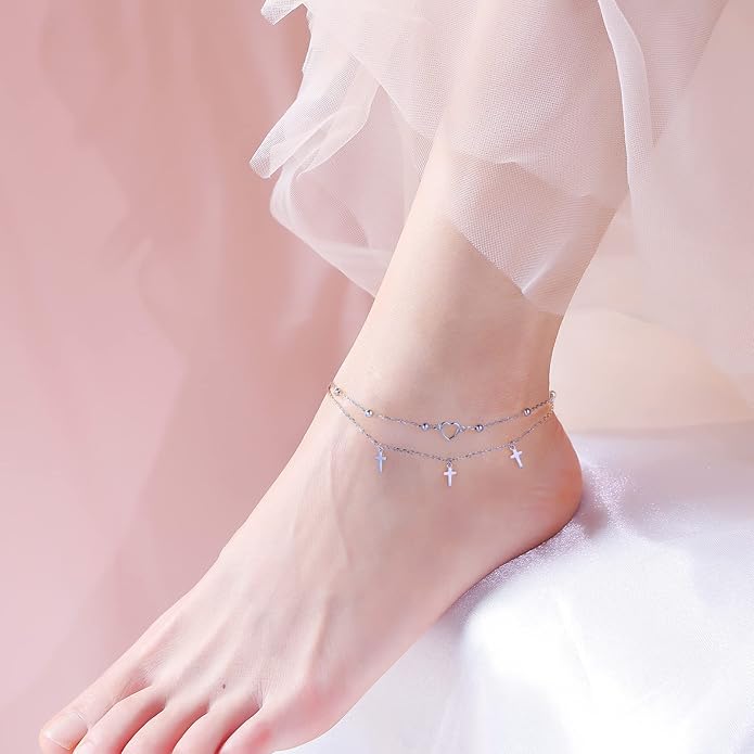 Anklet for Women S925 Sterling Silver Adjustable Foot Evil Eye Starfish Heart Bead Butterfly Celtic Knot Cross Multilayer Layered Ankle Bracelet Jewelry