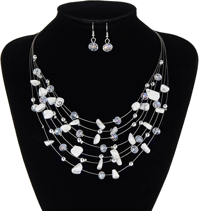 Multi-Layer Boho Shell Beaded Necklace for Women Colorful Crystal Strand with Silver Beads Statement Collars Necklace and Earrings Costumes Jewelry Sets for Women