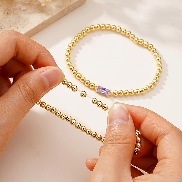 Yoosteel Dainty Birthstone Bracelet for Women - Elastic 14K-Gold-Plated Bead Bracelets Trendy Friendship Birthday Jewelry Gifts Christmas Stocking Stuffer for Women