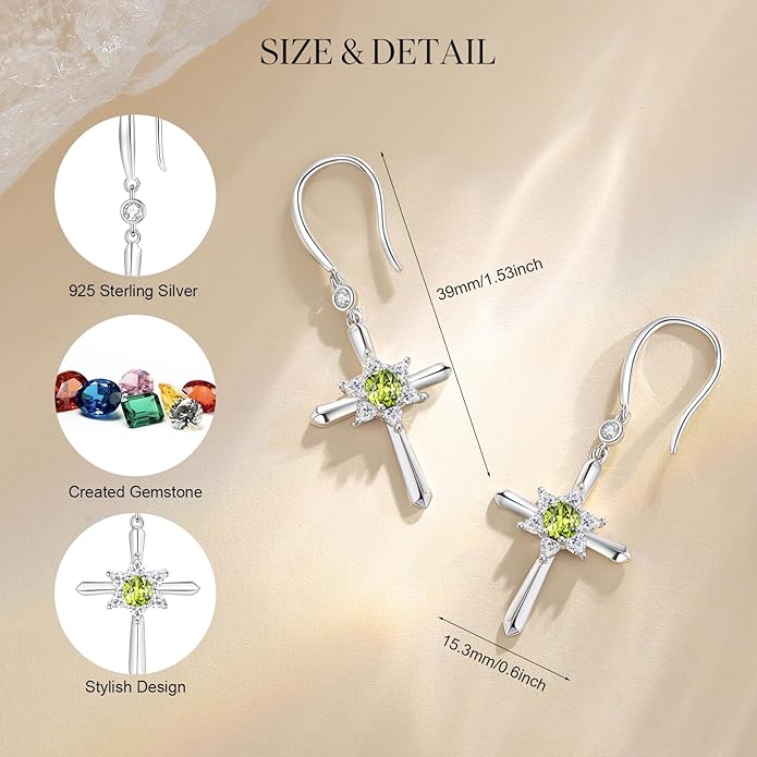FANCIME Cross Dangle Drop Earrings 925 Sterling Silver Dainty Round Birthstone Earring Fine Jewelry Birthday Gifts for Her Women