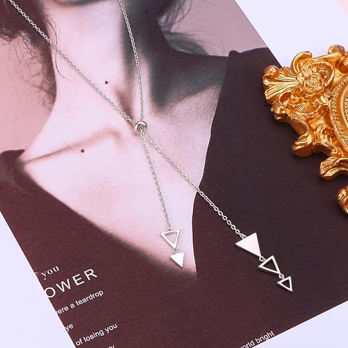 FLYOW Long Chain Dainty Lariat Necklace Simple Style 925 Sterling Silver Heart Pendant Adjustable Y Shaped Necklace Jewelry
