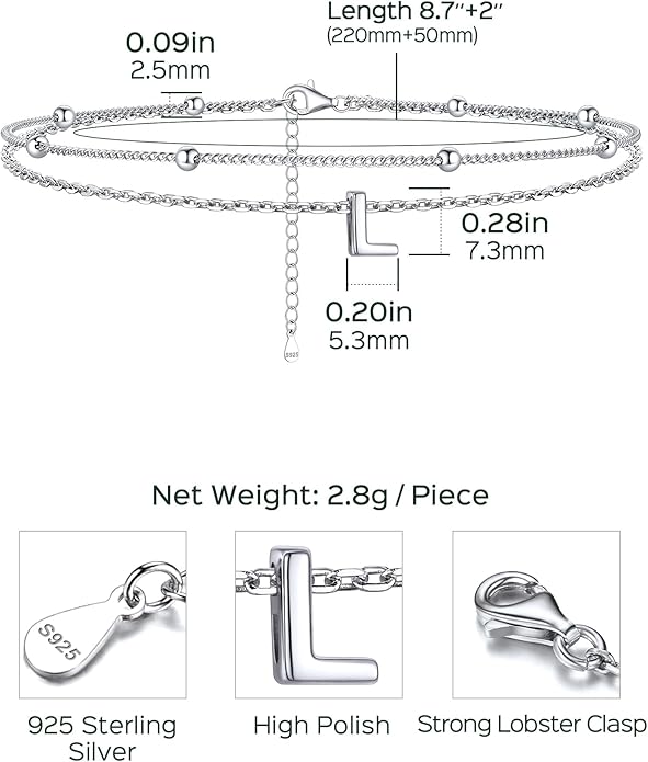 ChicSilver Ankle Bracelets for Women Waterproof, 925 Sterling Silver Initial Anklets for Women, Adjustable Dainty Layered Anklet Beach Jewelry for Women Mom Wife Friend