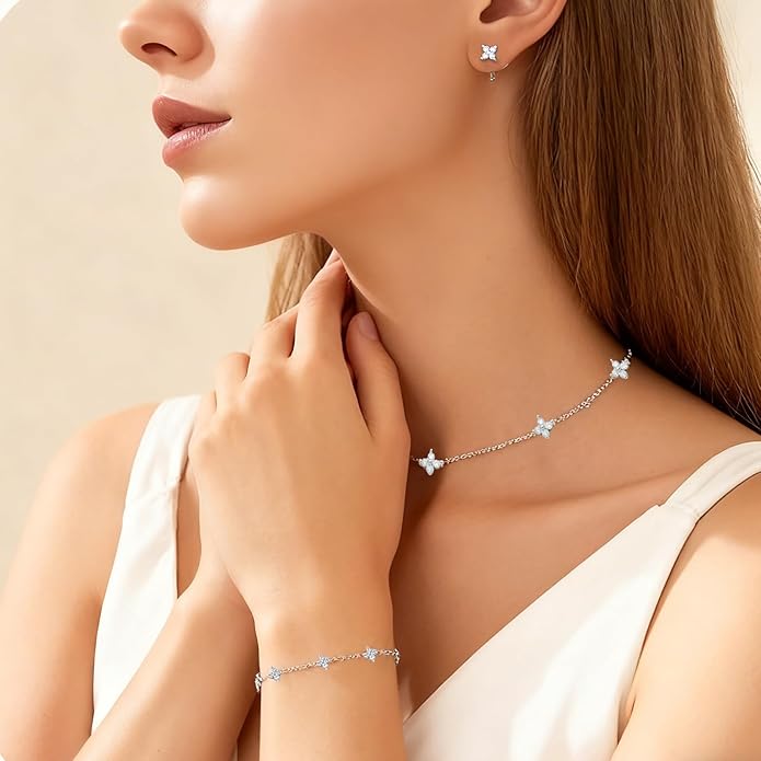 Necklaces Jewelry Set for Women Dainty 14K Silver Plated Four Leaf Bracelet Choker Necklace and Earring Jewelry Set for Women Mom Daughter Gifts