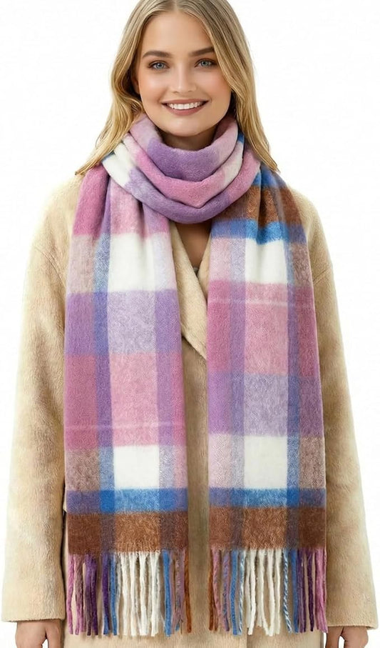 SHOHOKU Large Chunky Plaid Scarf Coloured Checked Oversized Scarf Tassel Soft Fall Winter Thick Warm Shawl Women